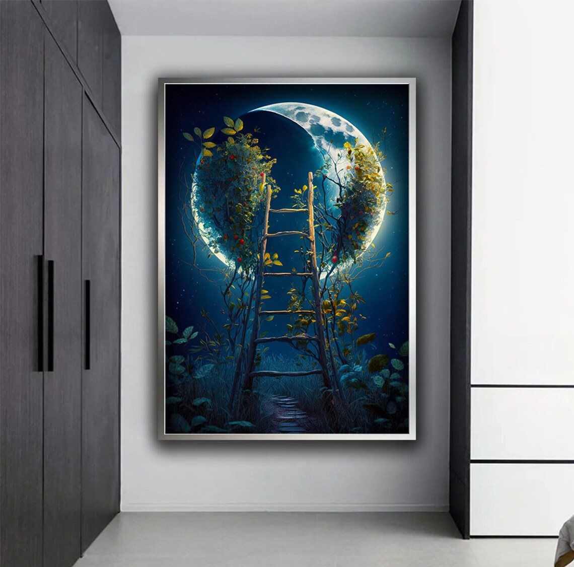 Ladder Reaching To The Moon Night Sky Vines Dreamlike Fantasy Poster - Image 4