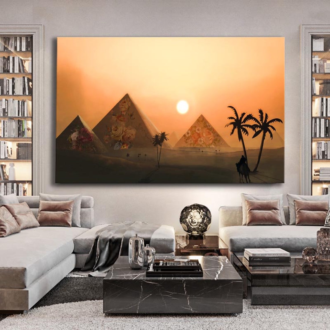 Egypt Pyramids Giza Sunset Palms Floral Silhouette Travel Poster - Image 3