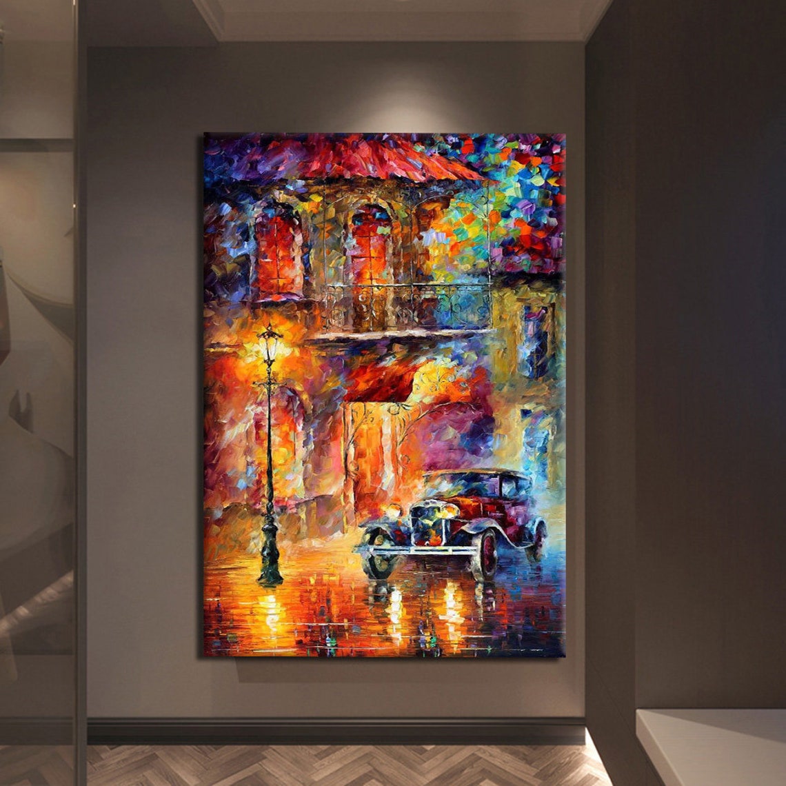 Rainy Vintage Street Night Car Lamp Impressionist Oil Painting Print - Image 3