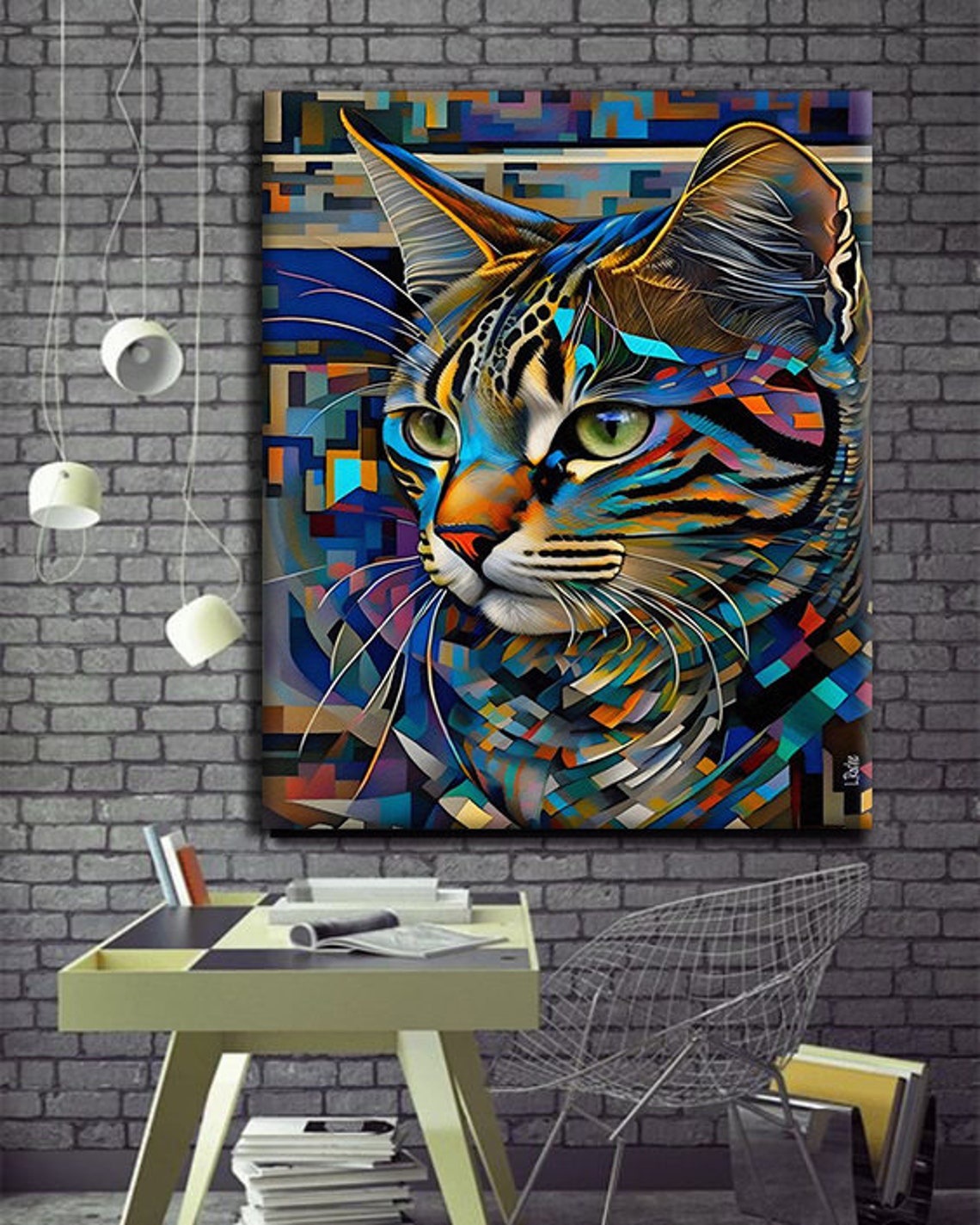 Colorful Mosaic Cat Portrait Geometric Modern Animal Wall Art Print - Image 3