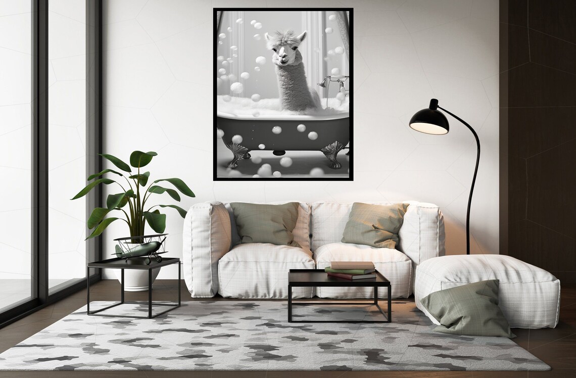Cute Llama In Vintage Clawfoot Bathtub With Bubbles Funny Animal Wall Art - Image 3