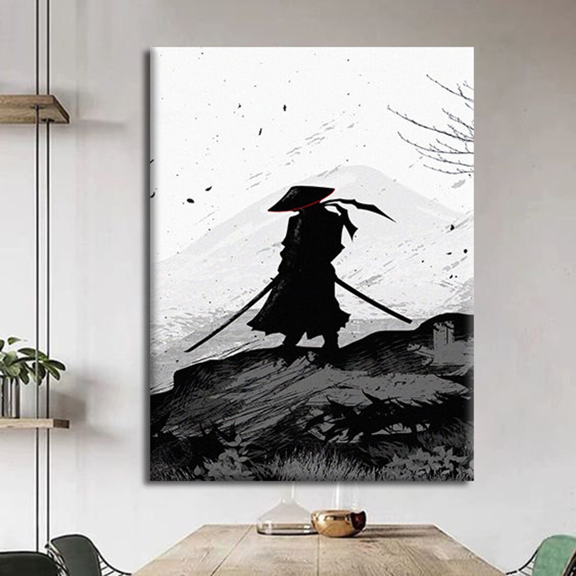 Samurai Silhouette Twin Swords Mountain Ink Style Art Poster - Image 2