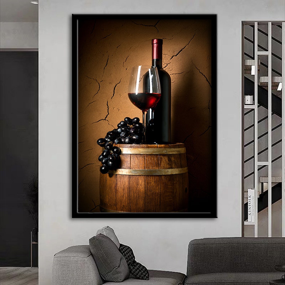 Wine Bottle Glass Black Grapes Wooden Barrel Rustic Cellar Poster - Image 3
