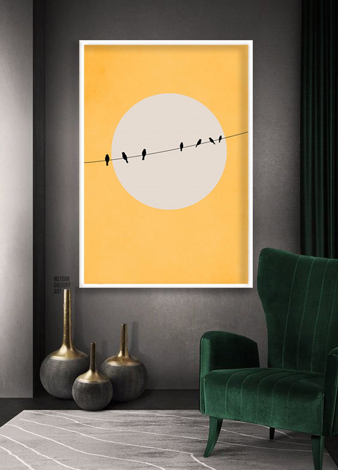 Minimalist Birds On Wire Orange Sun Modern Silhouette Poster - Image 3