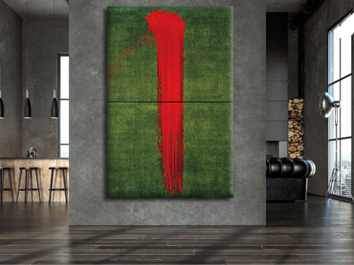 Bold Red Brushstroke Green Canvas Minimalist Abstract Art Print - Image 4
