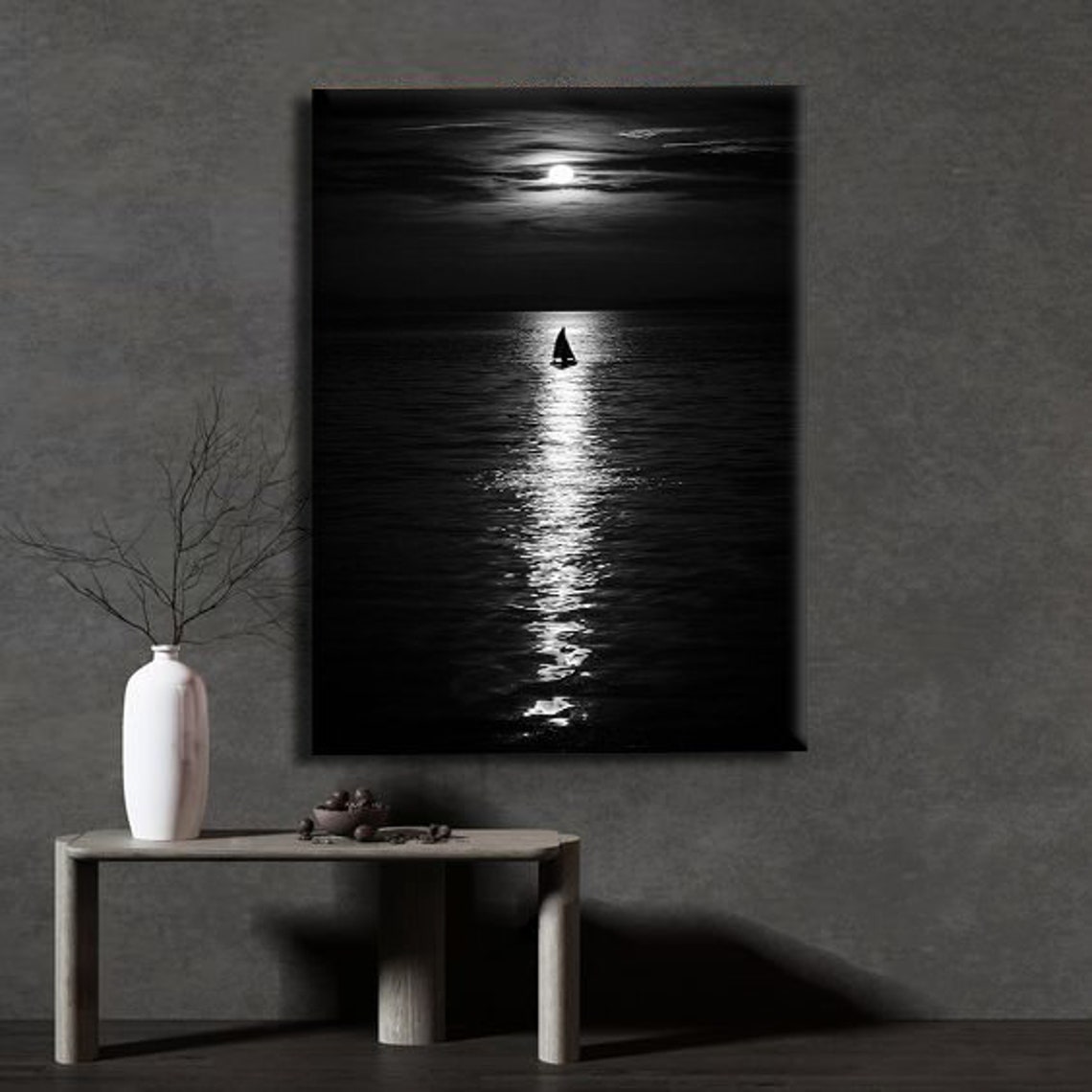 Moonlit Ocean Sailboat Black White Night Sea Landscape Wall Art Print - Image 3