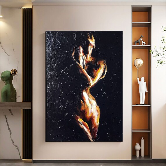 Fiery Nude Woman Dancing Flame Body Paint Black Background Modern Art Poster