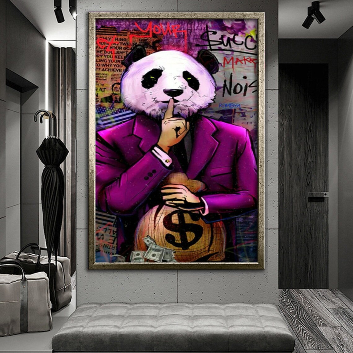 Pop Art Panda In Purple Suit Money Bag Shush Street Art Poster - Image 3