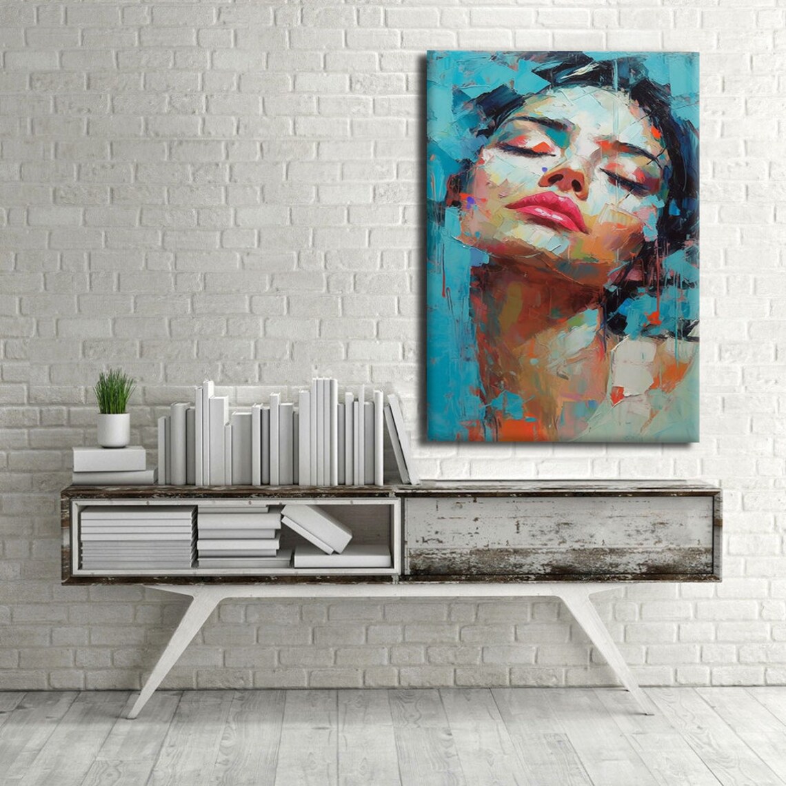 Impressionist Woman Face Eyes Closed Turquoise Palette Knife Painting Art Print - Image 4