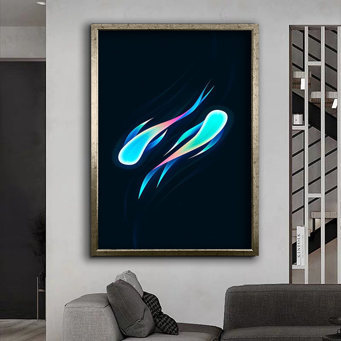 Neon Koi Fish Pair Glowing Black Background Aquatic Art Poster - Image 2