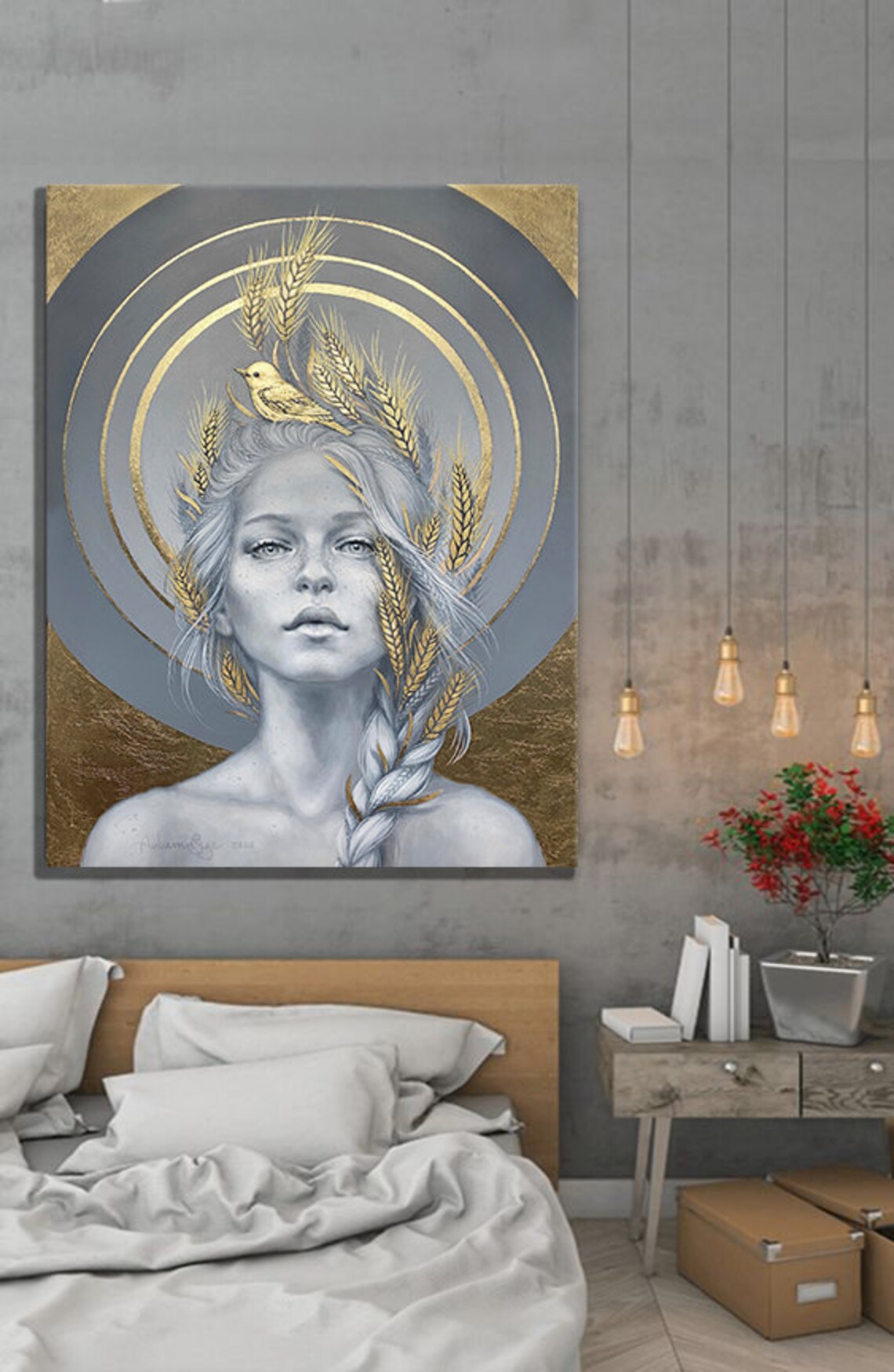 Golden Wheat Crown Woman Bird Halo Ethereal Portrait Art Print - Image 2