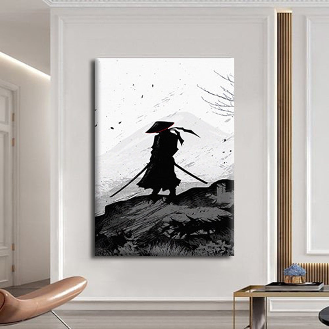 Samurai Silhouette Twin Swords Mountain Ink Style Art Poster - Image 4