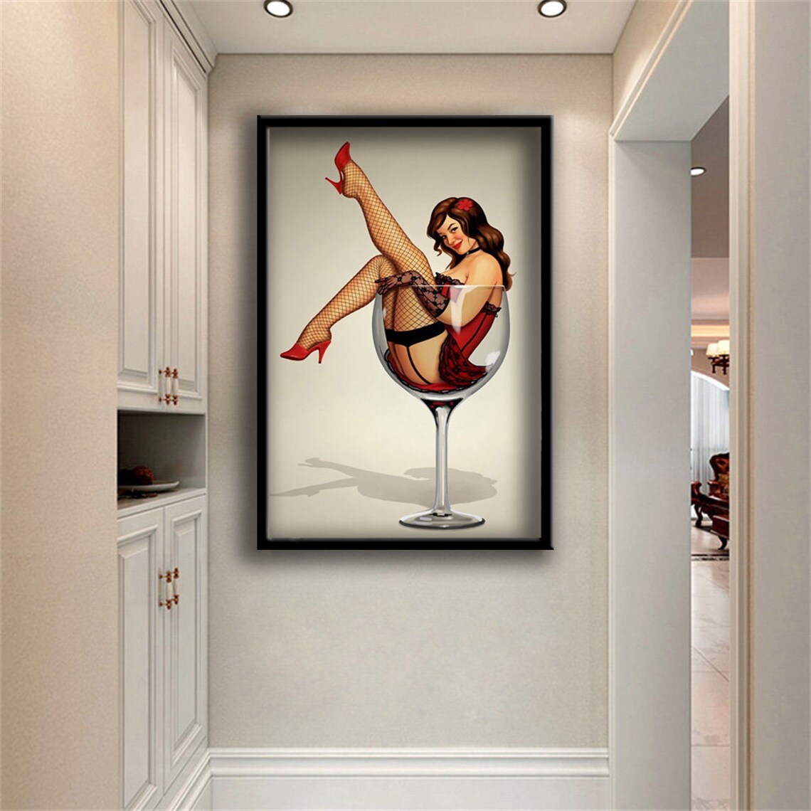 Vintage Pin Up Woman Sitting In Giant Wine Glass Retro Red Art Poster - Image 2