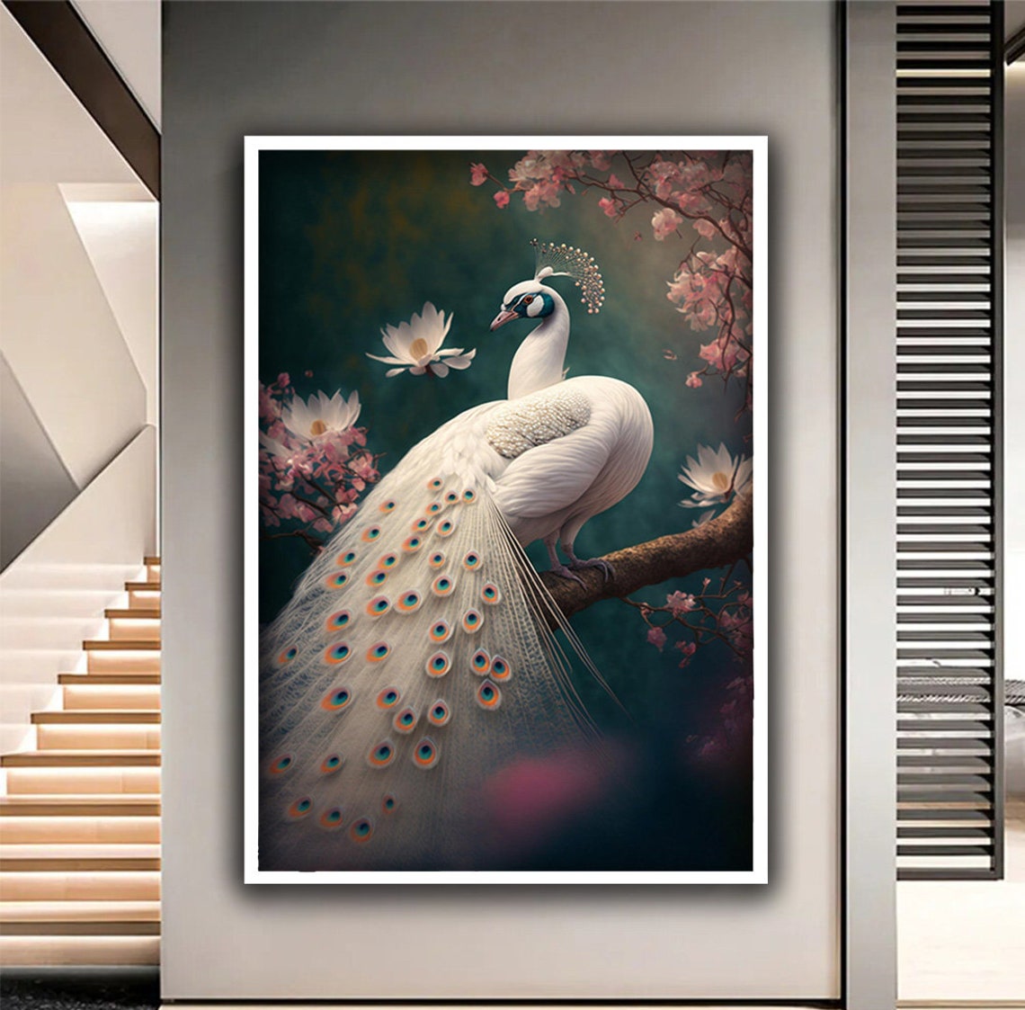 White Peacock On Blossom Tree Elegant Bird Painting Floral Wall Poster - Image 2