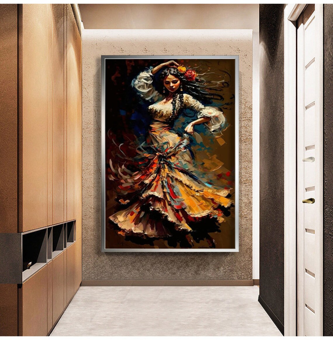 Flamenco Dancer Woman In Colorful Ruffled Dress Rose Hair Oil Painting Poster - Image 2