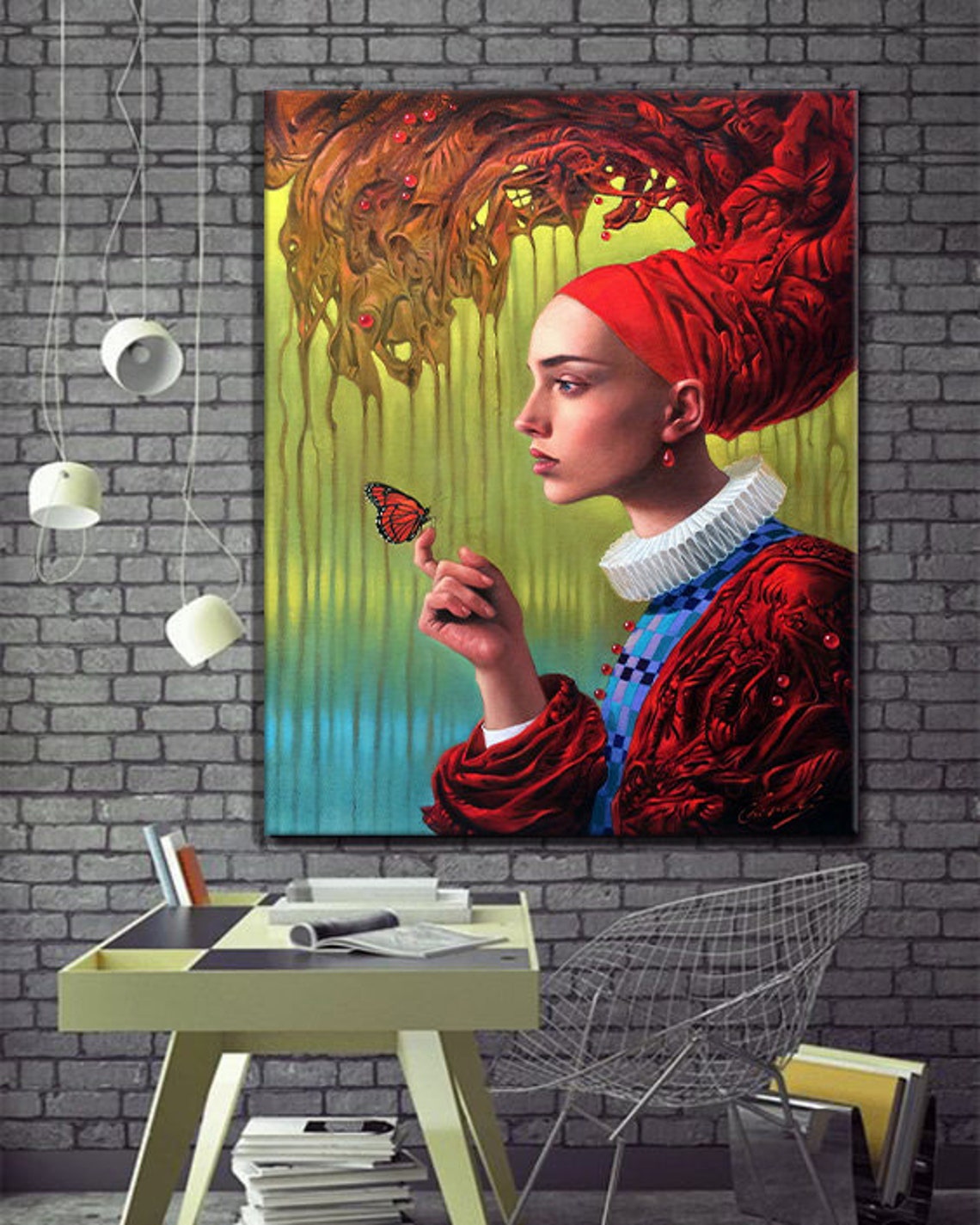 Woman Red Turban Butterfly Surreal Melting Tree Oil Painting Print - Image 4