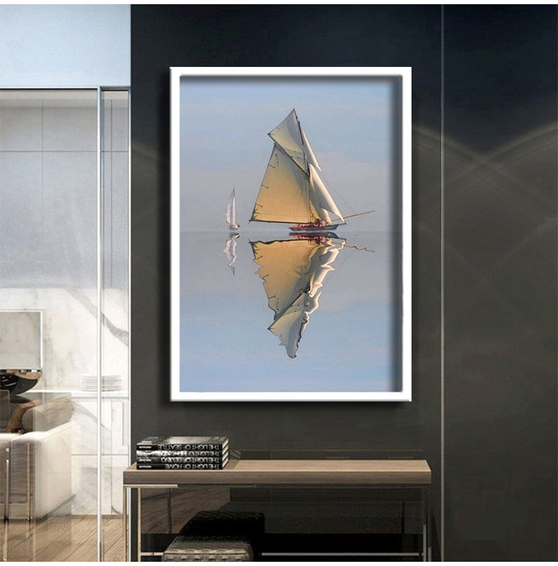 Sailing Boats Mirror Calm Sea Peaceful Ocean Horizon Art Poster - Image 2
