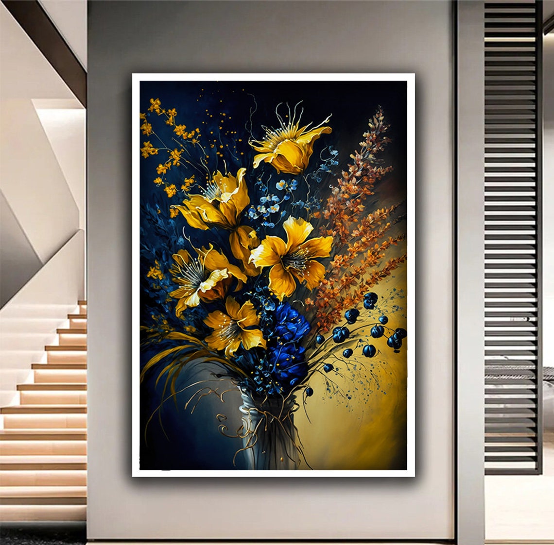 Gold And Blue Floral Bouquet In Vase Luxury Still Life Wall Art - Image 2