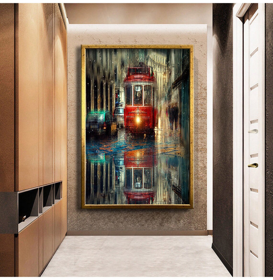 Red Vintage Tram Rainy City Street Night Reflections Wall Poster