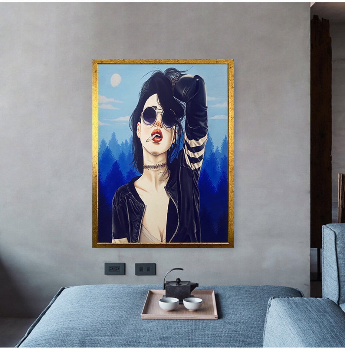 Woman In Sunglasses Smoking Stylized Illustration Blue Forest Moon Poster - Image 3