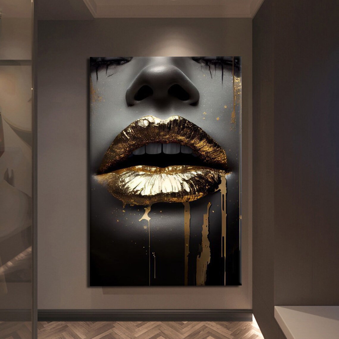 Woman Golden Lips Dripping Gold Black White Photo Beauty Art Wall Poster - Image 3