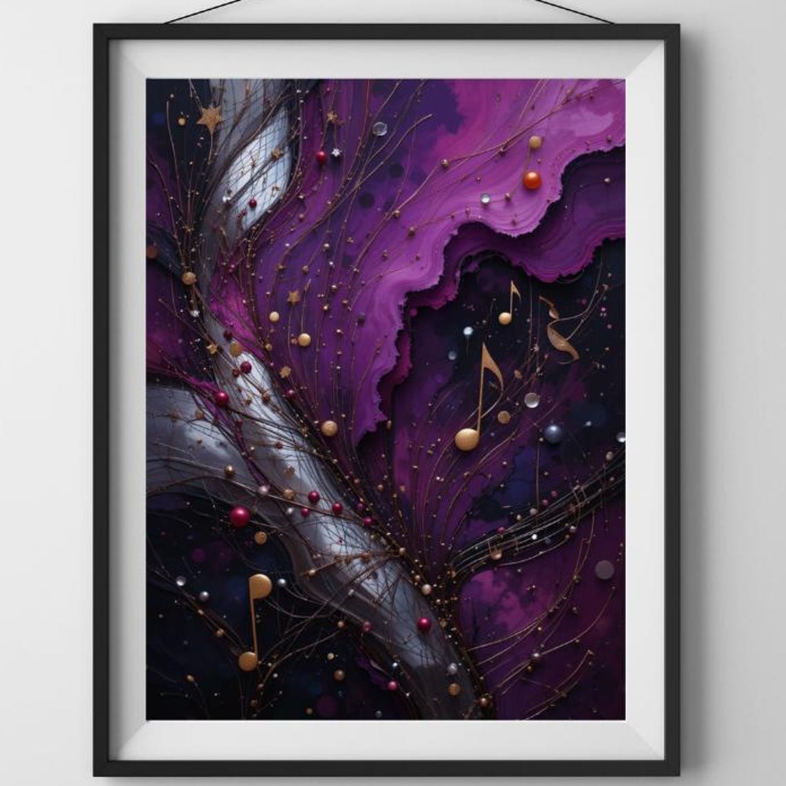 Magenta Silver Flowing Cosmic Waves Music Notes Abstract Poster