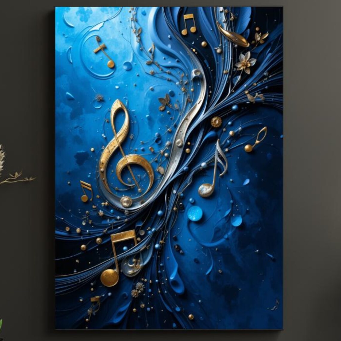 Sapphire Blue Golden Treble Clef Music Notes Abstract Poster
