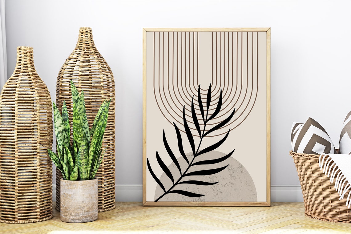 Mid Century Black Palm Leaf Arch Lines Neutral Botanical Poster - Image 6