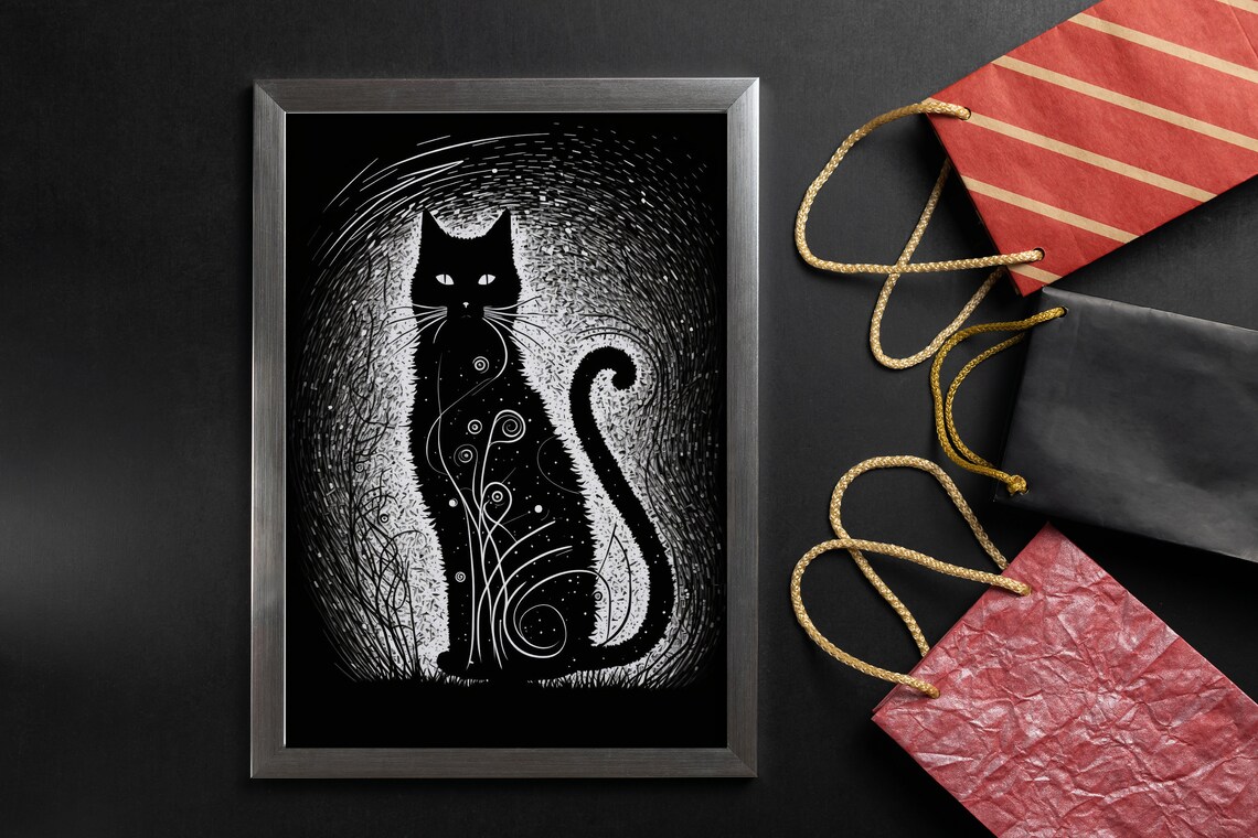 Mystical Black Cat Scratchboard Portrait Minimalist Animal Poster - Image 4