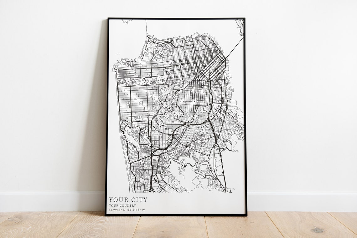 Custom City Map Poster Minimalist Black White Personalized Map Gift