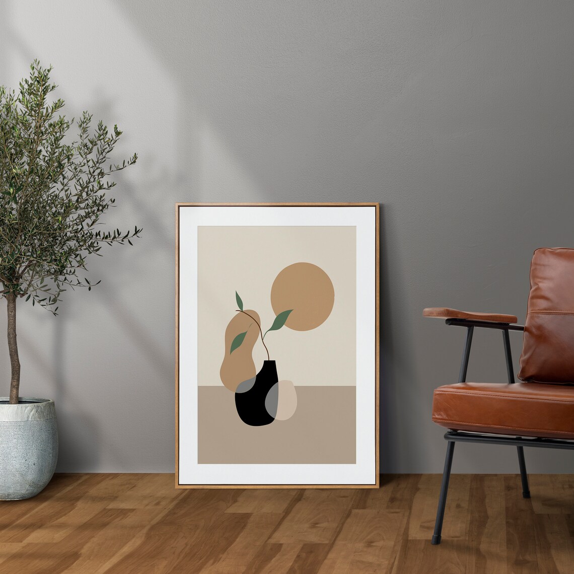Abstract Vase Green Branch Sun Neutral Modern Still Life Poster - Image 5