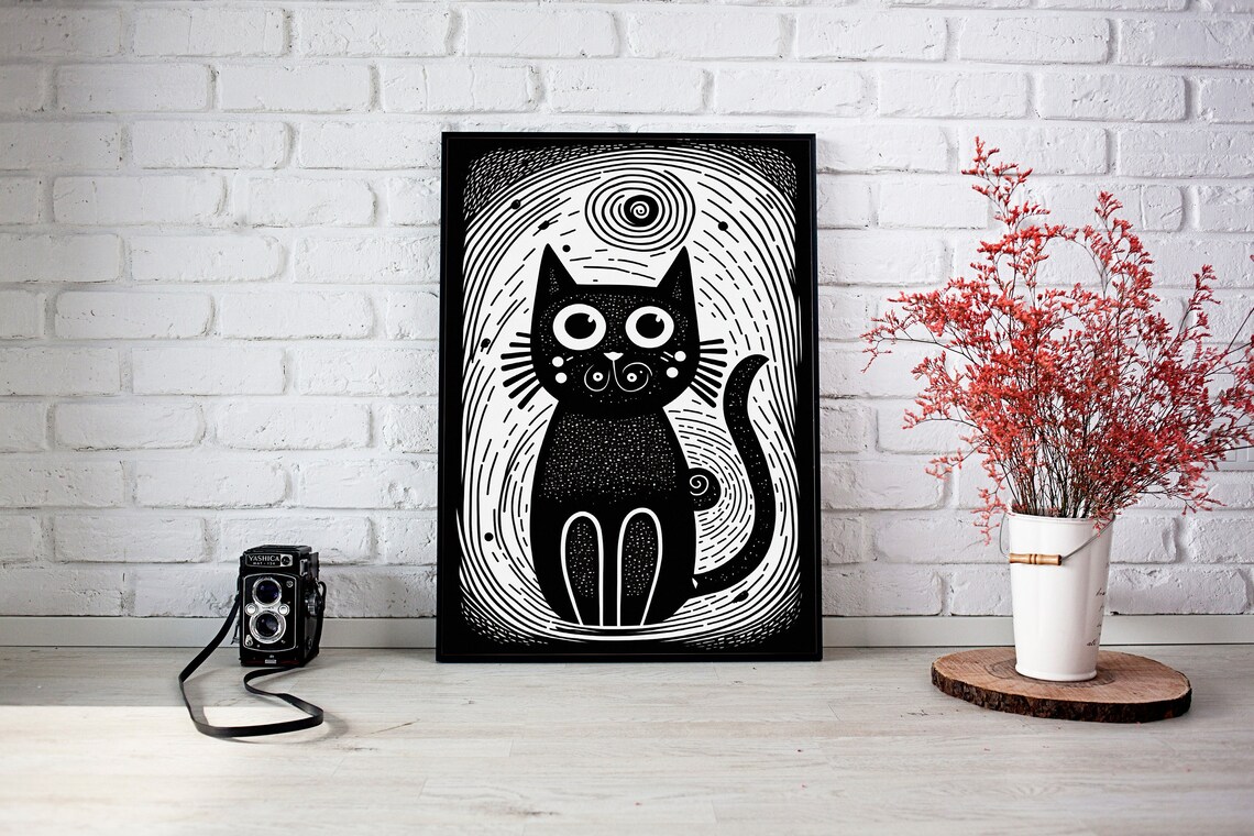 Black Cat Woodcut Style Big Eyes Whimsical Folk Art Animal Poster - Image 2