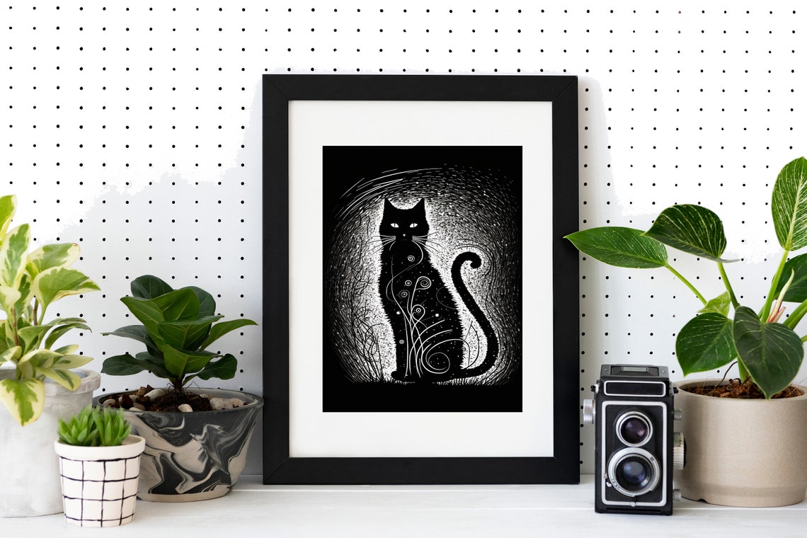 Mystical Black Cat Scratchboard Portrait Minimalist Animal Poster - Image 2