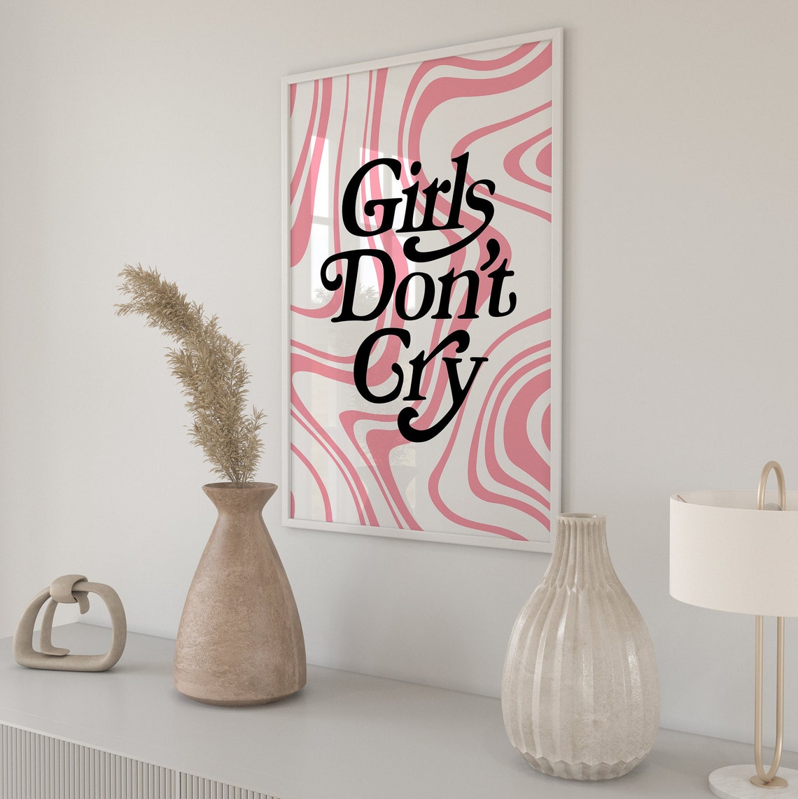 Girls Don't Cry Pink Swirl Retro Typography Quote Design Poster