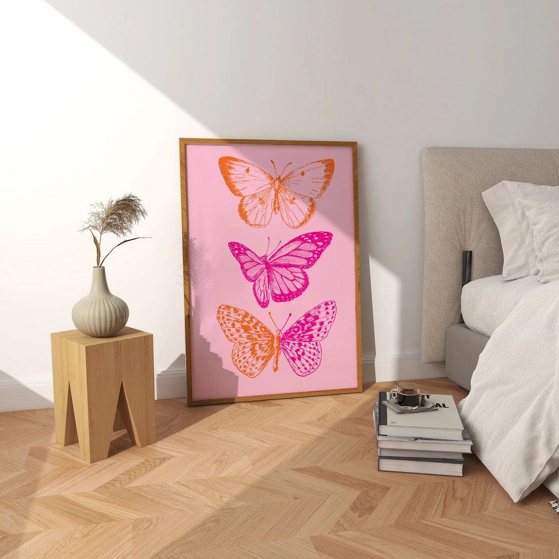 Pink Orange Butterfly Trio Vintage Style Illustration Poster - Image 3