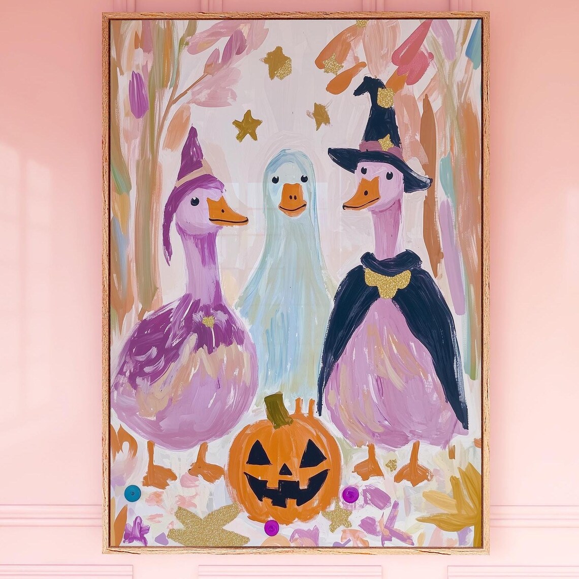 Funny Witch And Goose Duck Halloween Pastel Geese Print Autumn Poster October Wall Art Jack O Lantern