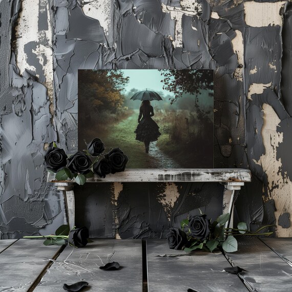 Woman in a Black Dress with Umbrella on a Misty Forest Path Gothic Poster