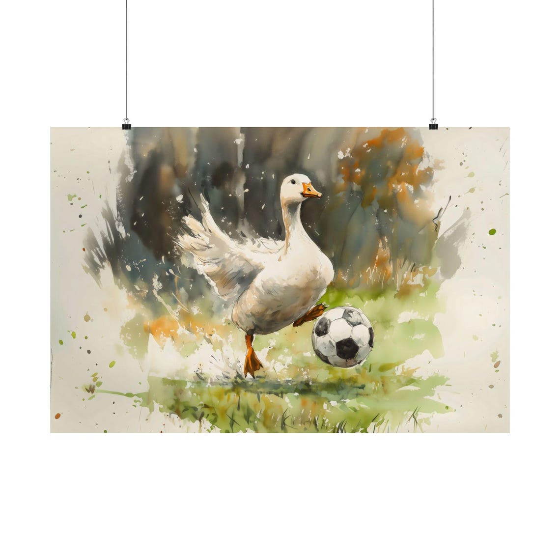 White Goose Playing Soccer Whimsical Watercolor Wildlife Poster - Image 3