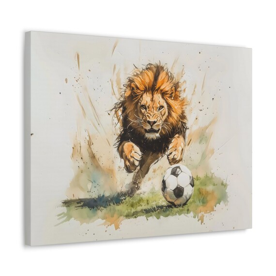 Lion Chasing Soccer Ball Watercolor Action Safari King Sports Poster