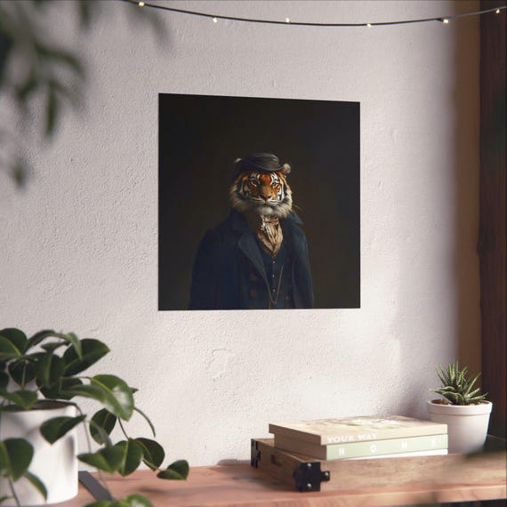 Maximalist Eclectic Victorian Bowler Hat Tiger Poster Print Bold Altered Animal Portrait Fantasy Fun Colorful Renaissance Rustic Art