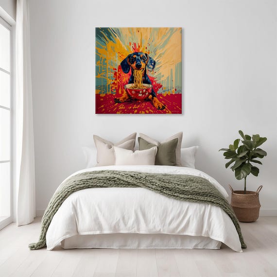 Maximalist Eclectic Ramen Dachshund Print Bold Altered Animal Portrait Fantasy Fun Colorful Renaissance Rustic Art