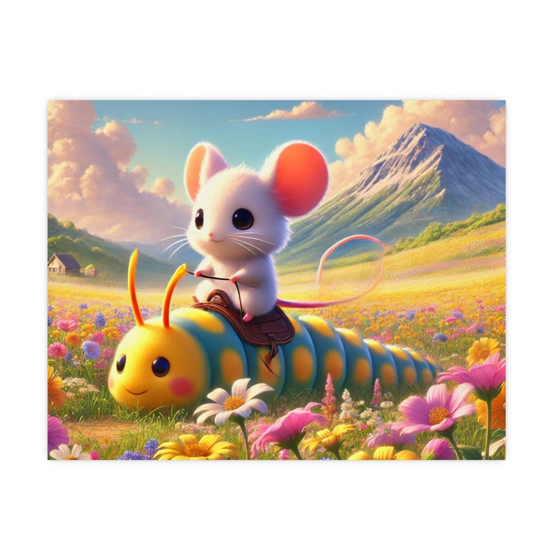 Cute White Mouse Riding a Caterpillar Through a Flower Field Poster
