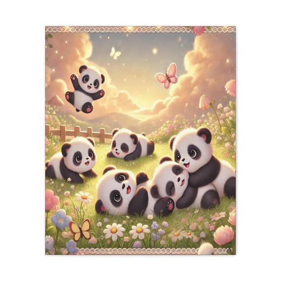 Panda Party Cute Cubs Meadow Sunset Pastel Kids Animal Poster