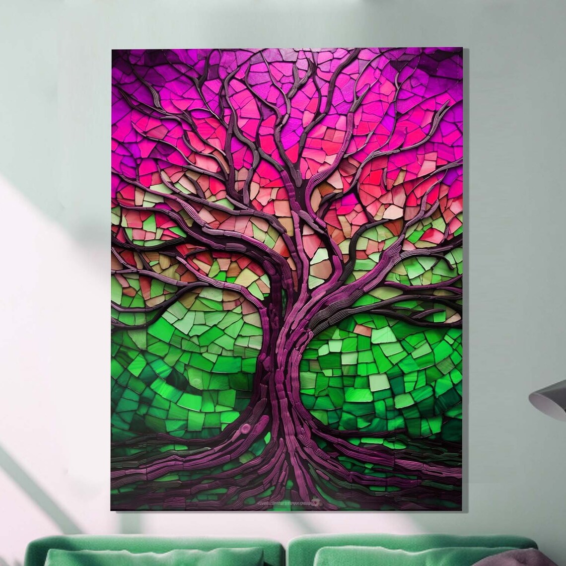 Pink Green Mosaic Tree of Life Colorful Glass Tile Wall Poster