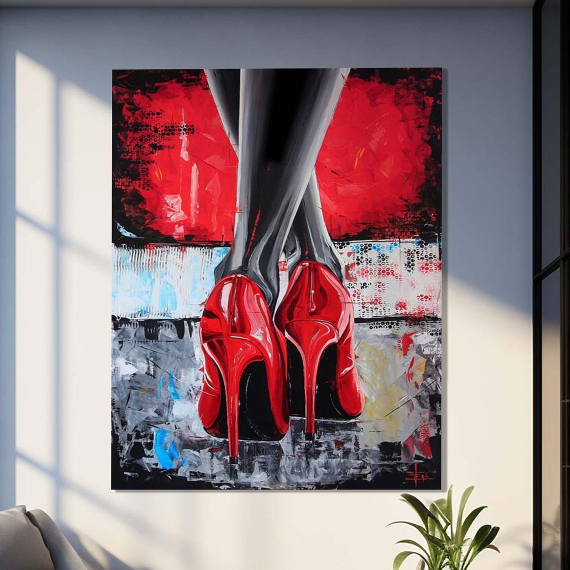 Red Stiletto High Heels Abstract Painting Bold Graffiti Style Wall Art