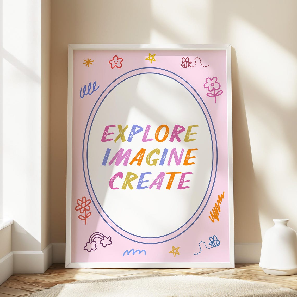 Explore Imagine Create Pink Doodle Girls Room Art Quote Poster