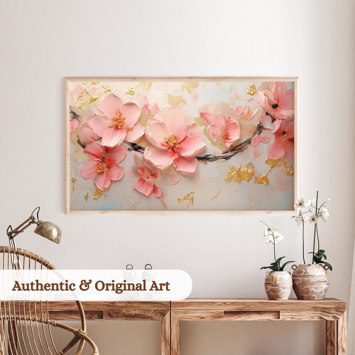 Pink Cherry Blossom Branch 3D Impasto Spring Floral Frame TV Art Print - Image 3