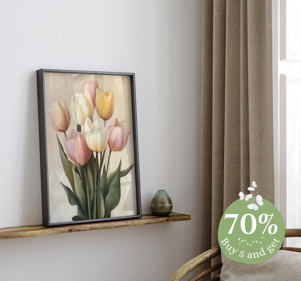Vintage Spring Tulips Art Print, Neutral Farmhouse - Image 2