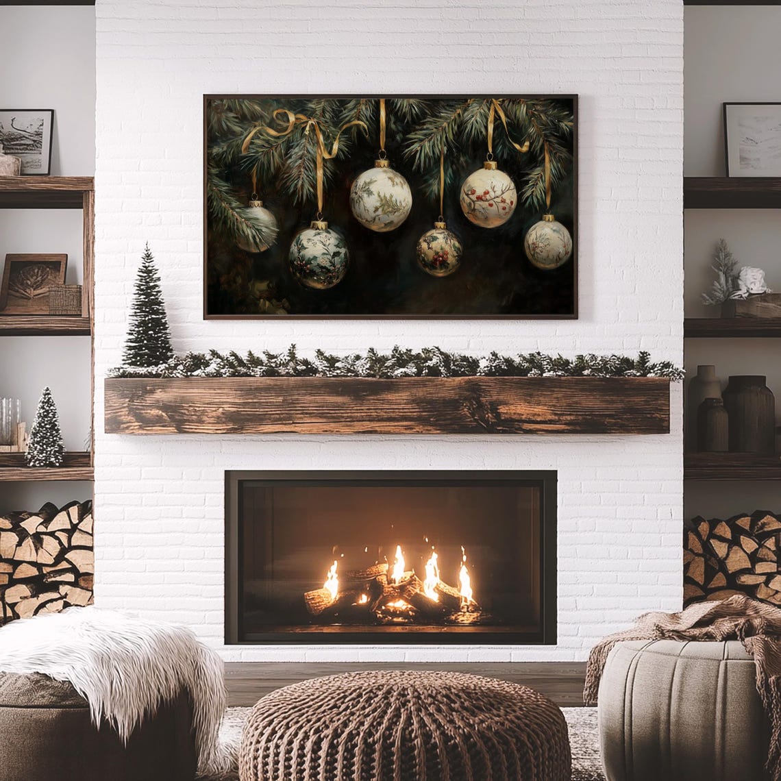 Vintage Hanging Christmas Ornaments Gold Ribbon Dark Festive Poster - Image 5