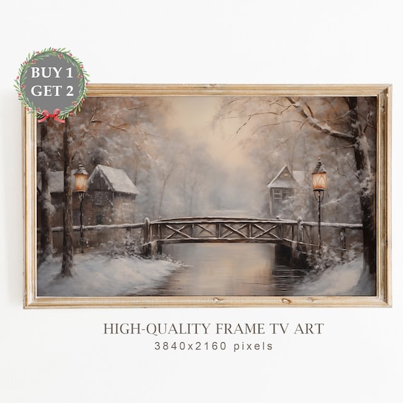 Moody Christmas Frame Tv Art Scandinavian Vintage Town Painting Seasonal Christmas Decor Holiday Art For Tv